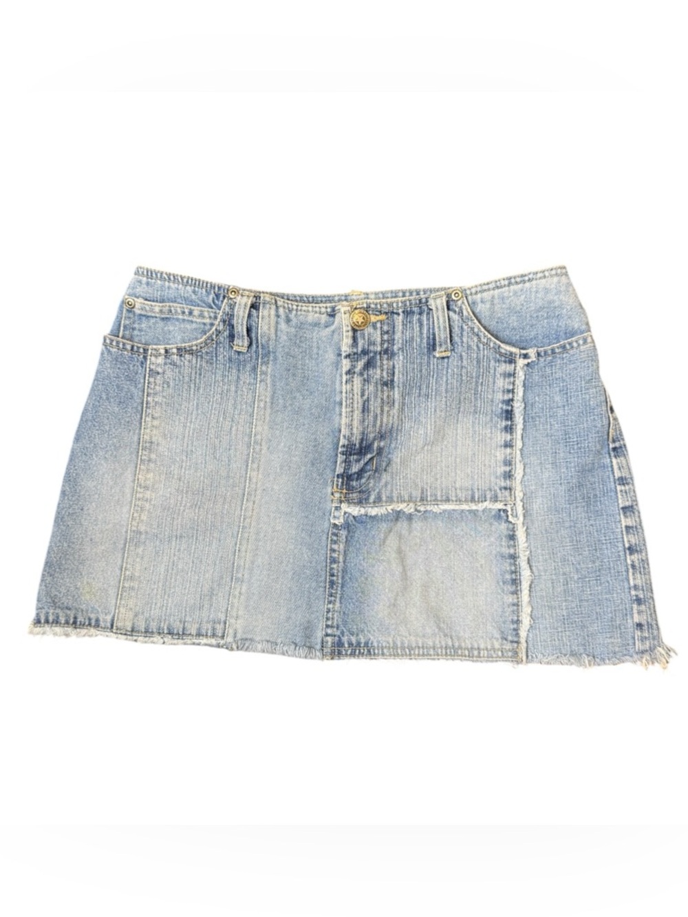 Y2K Faded Glory Light Wash Blue Denim Patchwork Mini Skirt Size 6
